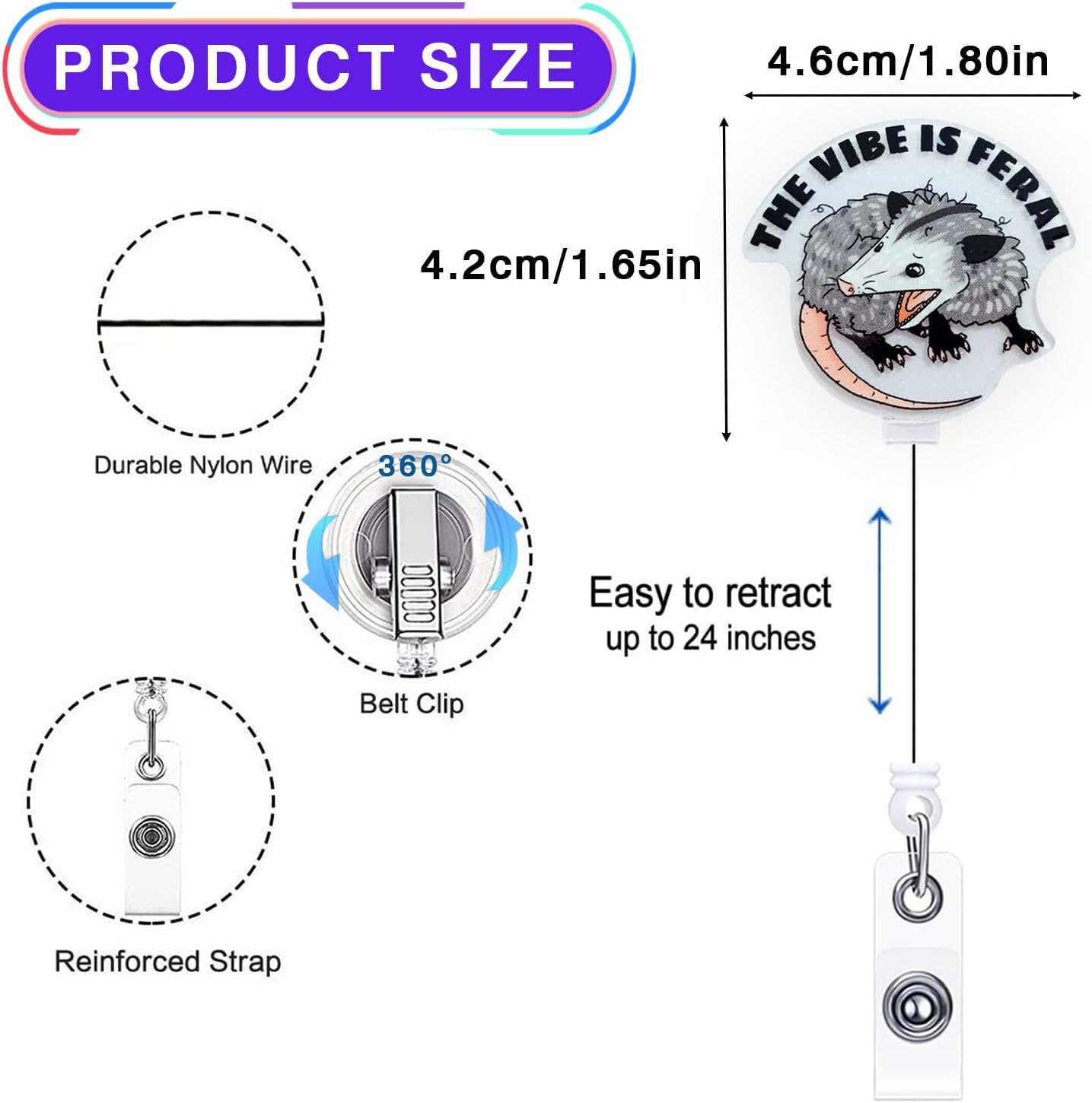 The Vibe is Feral Badge Reel Retractable, Funny Possum Badge Reel for Nurse Nursing Student RN CNA Medical Worker & Teacher, Opossum Lovers ID Badge Holder with Alligator Clip & 24” Durable Nylon Cord - Image 2