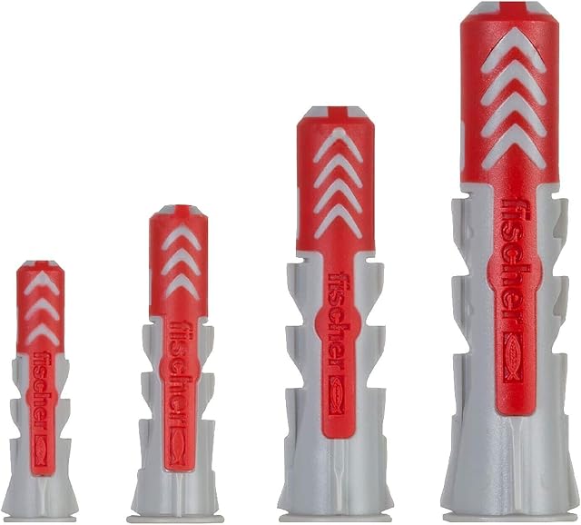 4 x Fischer DUOPOWER Wall Plug, Red/Grey for Solid Walls, Perforated Brick, Plasterboard and Gasbeton for Attaching Cabinets, Wall Shelves in Concrete, Masonry, Panel Building Materials VARIOUS SIZES
