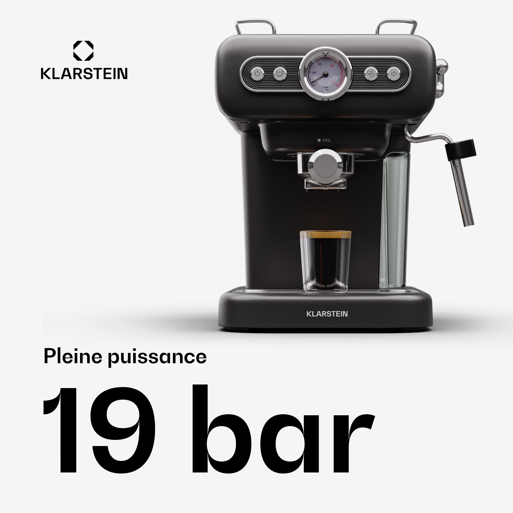 KLARSTEIN machine à expresso porte-filtre avec mousseur à lait, mini machine à expresso rétro 1,2 L avec porte-filtre, petite à café 950 W, à café en acier inoxydable pour