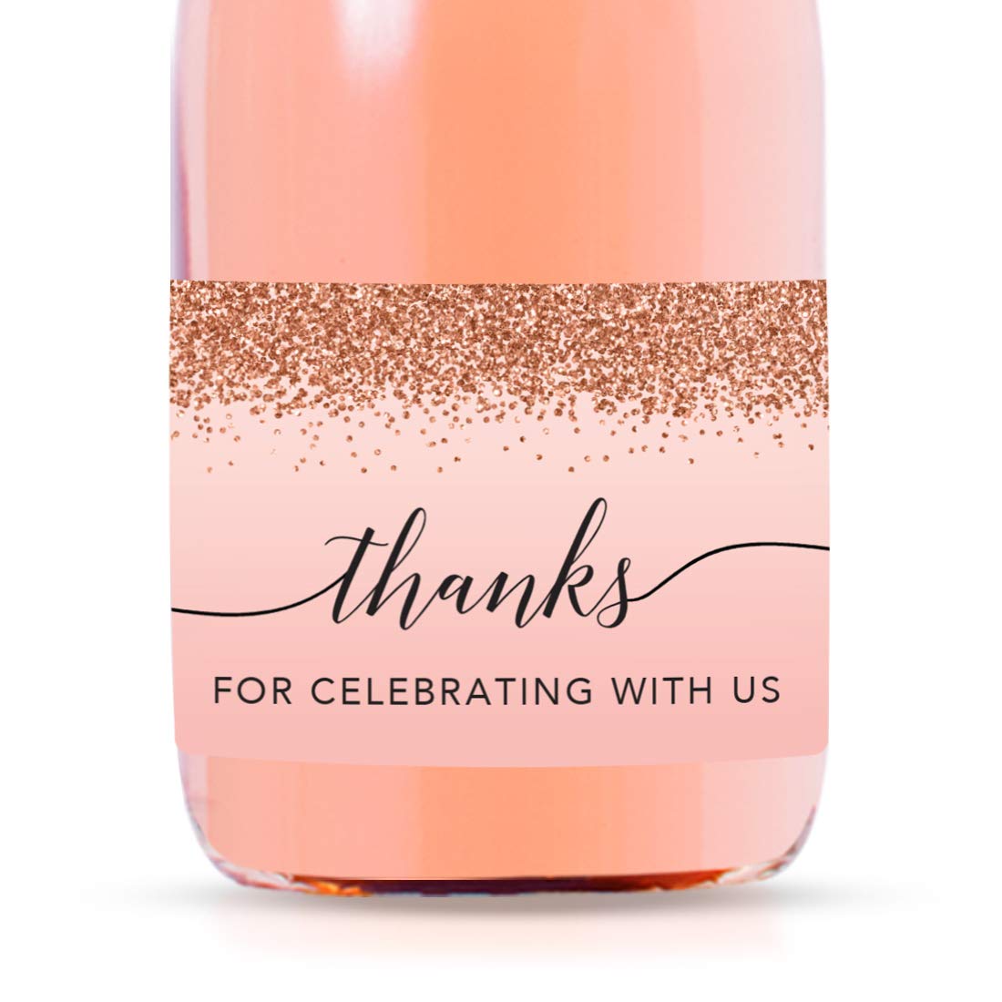 Andaz Press 20-Pack Mini Wine Labels for Bottles, Blush Pink Faux Rose Gold Glitter, Thanks for Celebrating with Us, 3x2 Inch, Glossy, 20 Count