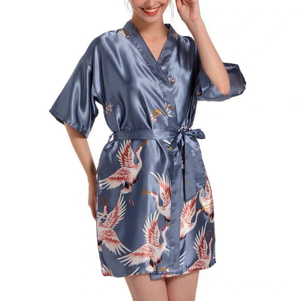 Xuepelit Vestido de Novia Kimono de Mujer de SatéN Bata de BañO de Color Claro Boda Japonesa TúNica de Cuello V CinturóN de Novia Pijama de Boda Kimono de Mujer Corto Bata de BañO de SatéN