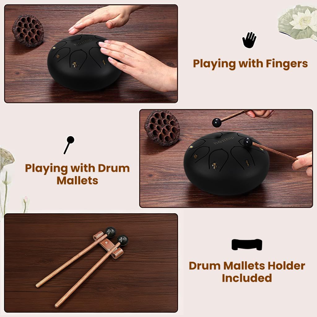 HASTHIP® Steel Tongue Drum 8 Note, 6 inch Percussion Instrument Handpan Drum with Bag, Music Book and Mallets for Kids and Adults Meditation Musical Education Concert Mind Healing Yoga (Black) 4