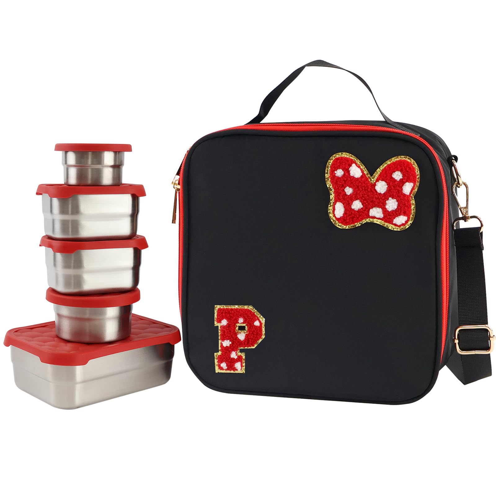 Personalized Initial Letters Lunch Bag With Bento Box, 5 Pcs Stainless Steels Bento Boxs, Thermo Leak-Proof Lunchs Food Container For Kid Toddler Girls Boys To School Picnic (Black, P)