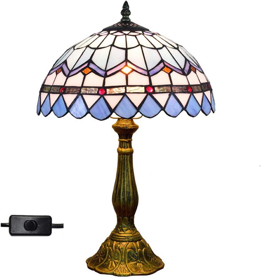 GDLight Tiffany Style Table Lamp Mediterranean Blue Stained Glass Shade Antique Desk Lamp Lighting for Living Room Bedroom Coffee, 12 Inch