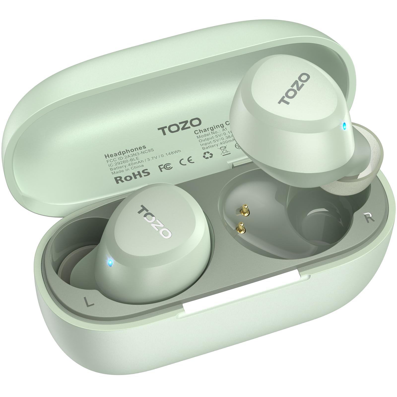 TOZO A1 Mini Wireless Earbuds Bluetooth 5.3 in Ear Light-Weight Headphones Built-in Microphone, IPX5 Waterproof, Immersive Premium Sound Long Distance Connection Headset with Charging Case, Green