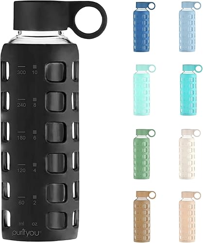 purifyou Botella de agua de vidrio de borosilicato de 40 onzas, 32 onzas, 22 onzas, 12 onzas, con marcadores de tiempo y volumen, funda de silicona,