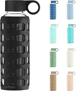 purifyou 40oz / 32oz / 22oz / 12oz Borosilicate Glass Water Bottle with Time & Volume Markers, Silicone Sleeve, Stainless Steel Lid | Reusable Glass Bottle for Water & Juice (12oz JetBlack)
