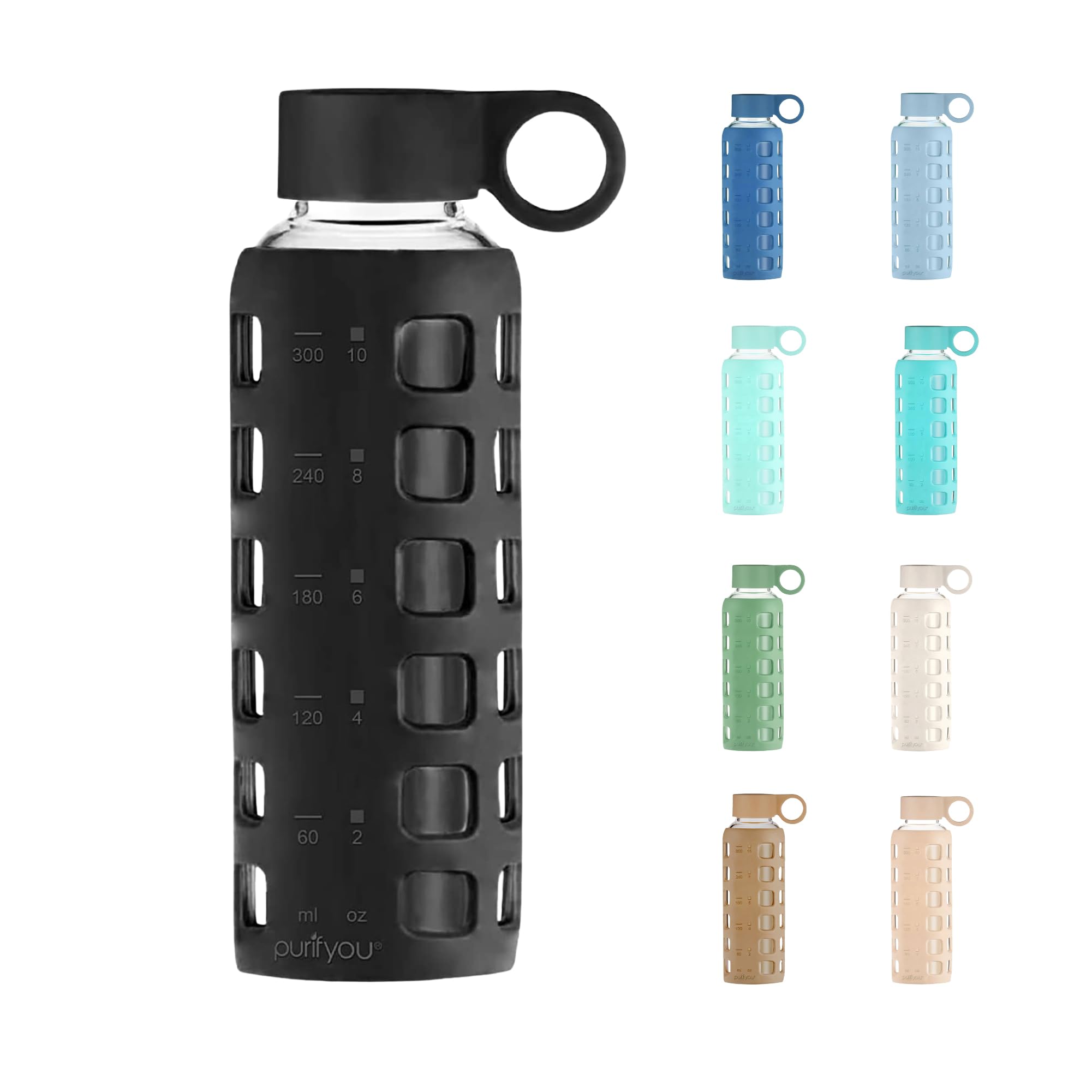 purifyou 40oz / 32oz / 22oz / 12oz Borosilicate Glass Water Bottle with Time & Volume Markers, Silicone Sleeve, Stainless Steel Lid | Reusable Glass Bottle for Water & Juice (12oz Jet Black)