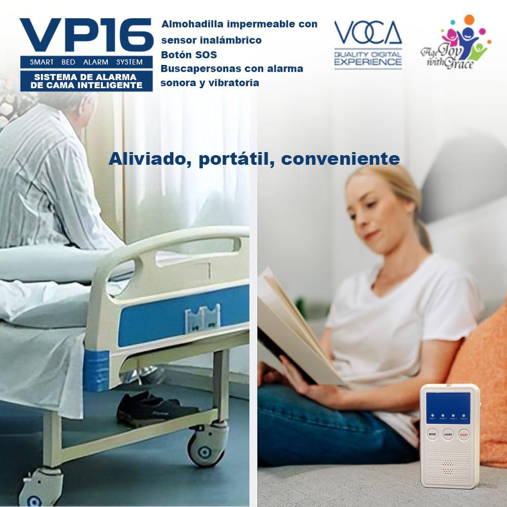 Sistema de alarma de cama inteligente VOCA Early Alert para adultos mayores: sensor inalámbrico y buscapersonas, alarmas de cama de prealerta, prevención de caídas, demencia