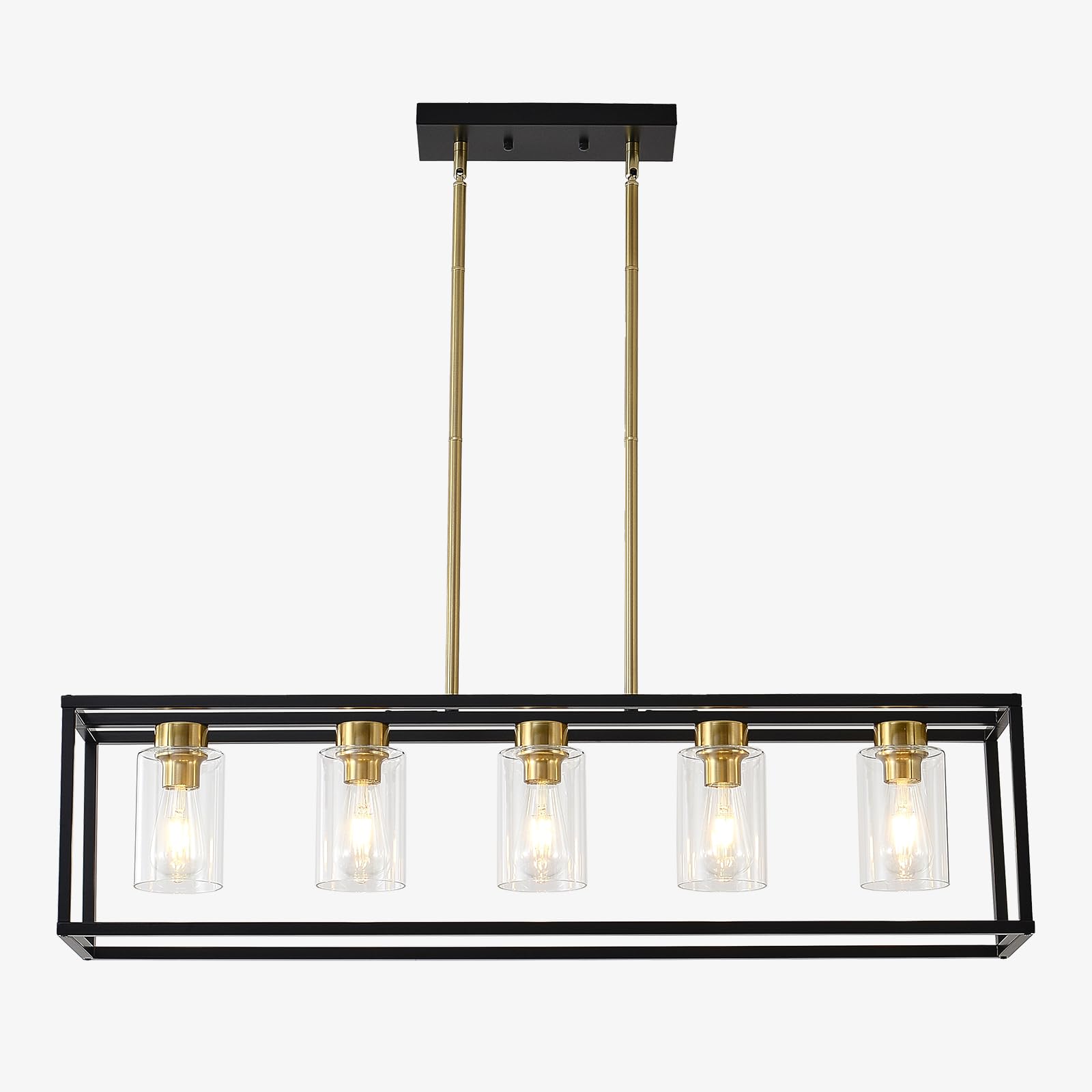 5-Light Farmhouse Chandelier Modern Kitchen Island Pendant Lighting E26 with Clear Glass Shades, Rectangle Black and Gold Chandelier, Adjustable Height