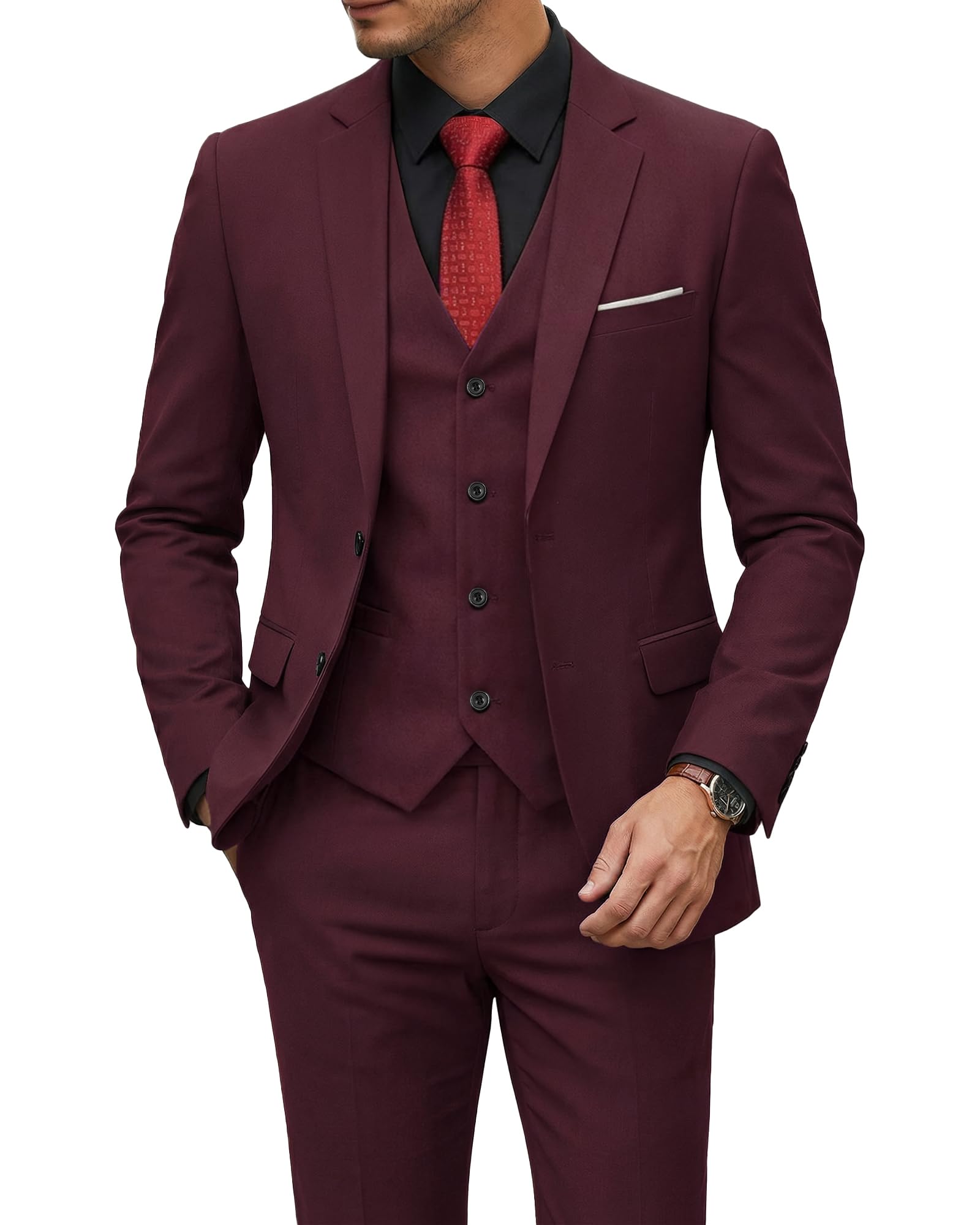 Men's 3 Piece Suit Set with Tie, 2 Button Slim Fit Solid Blazer Jacket Vest Pants, Business Wedding Party Suits for Men