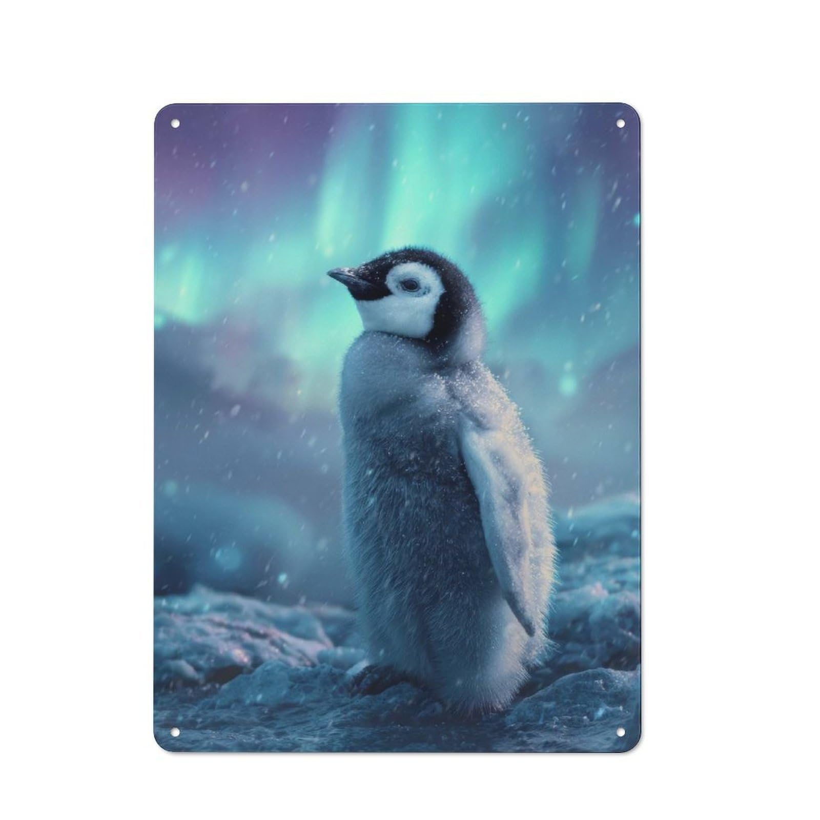 Junmoney Penguin Chick Under Aurora Borealis Rustic Metal Plaque 40X30cm For Studio Or Craft Room, Housewarming Present For People Styling Studio And Craft Room