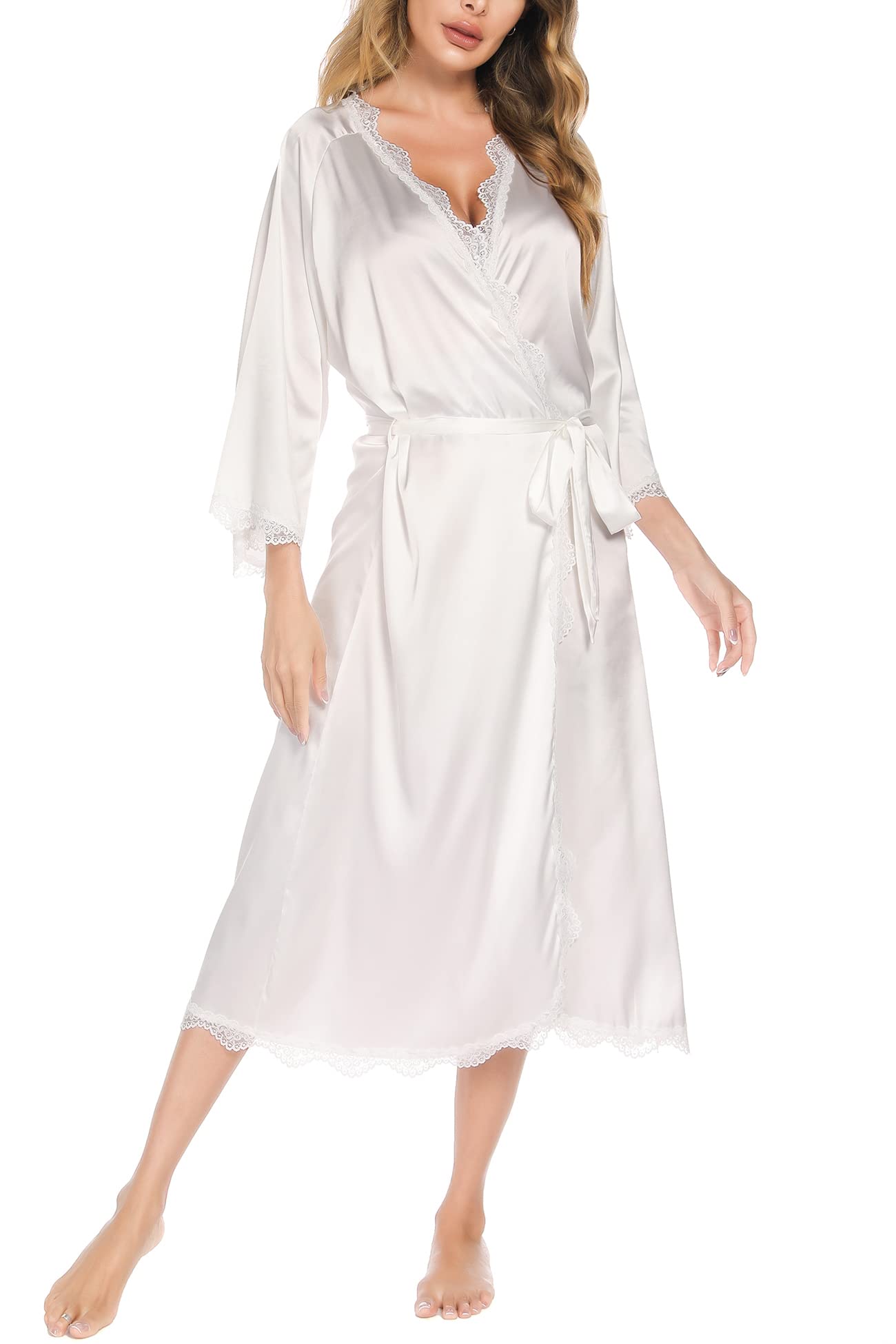 Aranmei Bata Mujer Seda, Bata Satén Kimono Largo Cuello V Camisones de Manga 3/4 Ribete Encaje Ligero Bata Novia Boda y Damas de Honor