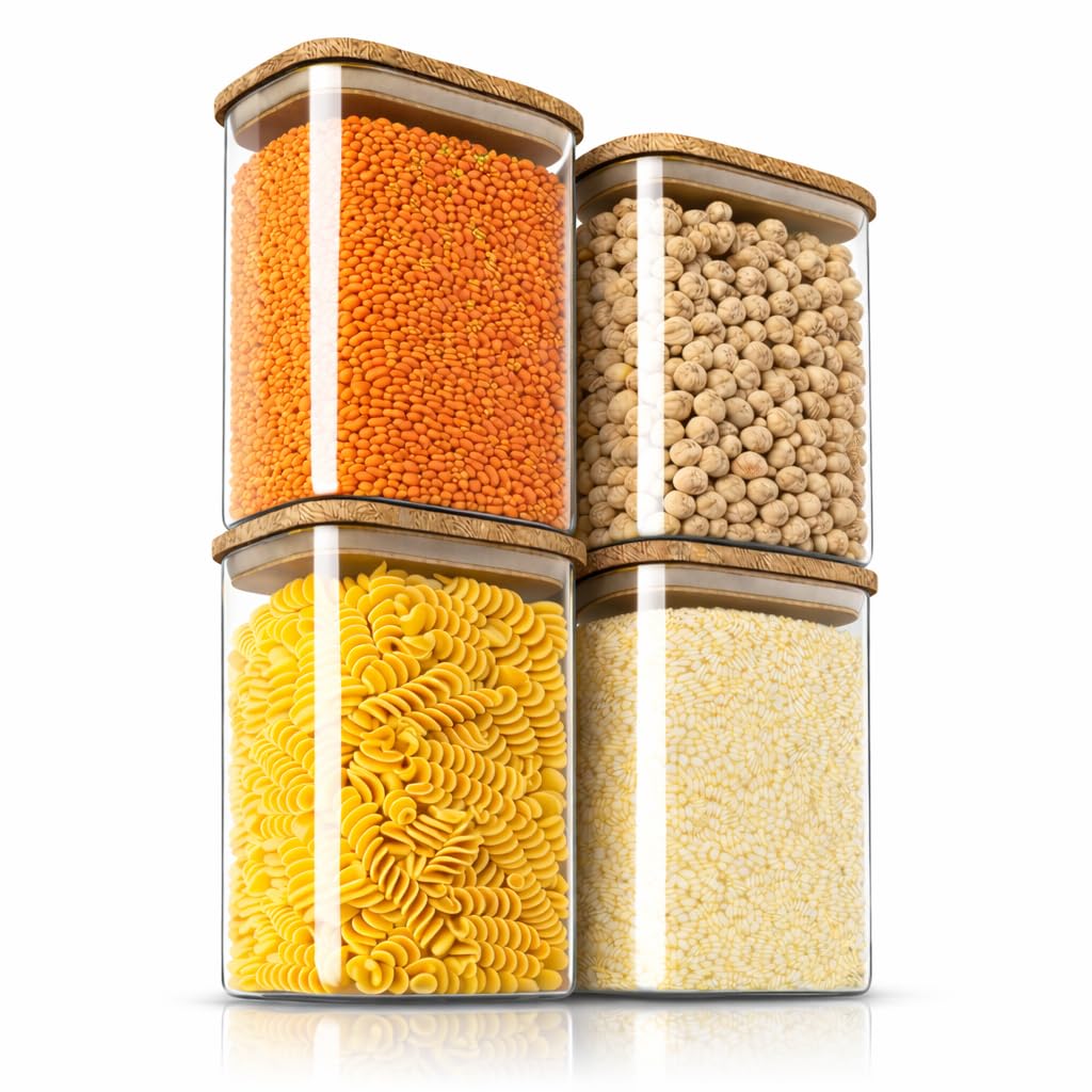 Arendo - Vorratsgläser mit Deckel - Set - Behälter aus Glas – hitzebeständig – Vorratsdosen mit Bambusdeckel - luftdicht - für Müsli Zucker Mehl Kaffee Reis