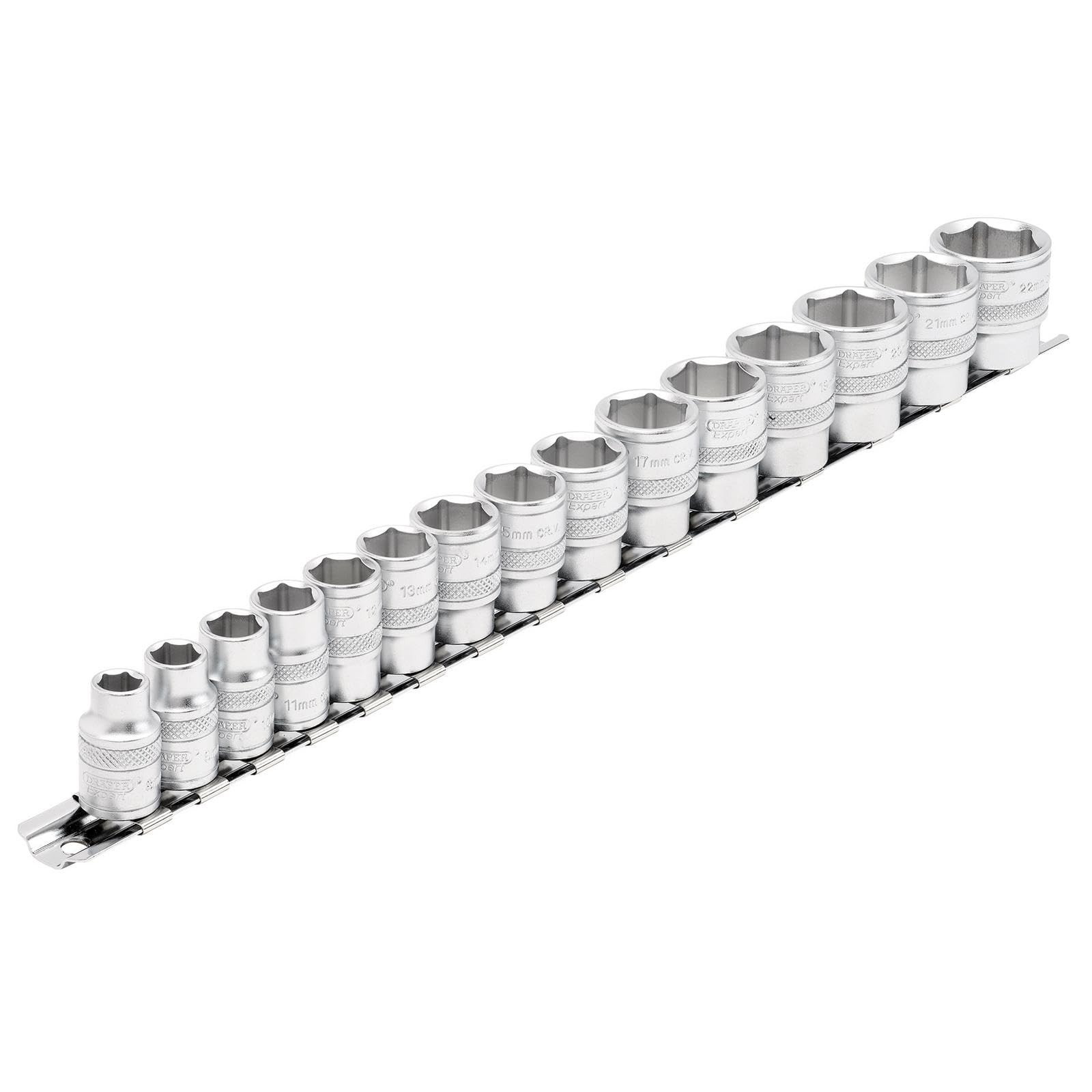 Draper Expert 3/8"" Square Drive Metric Socket Set On Metal Rail (15 Piece) 16492
