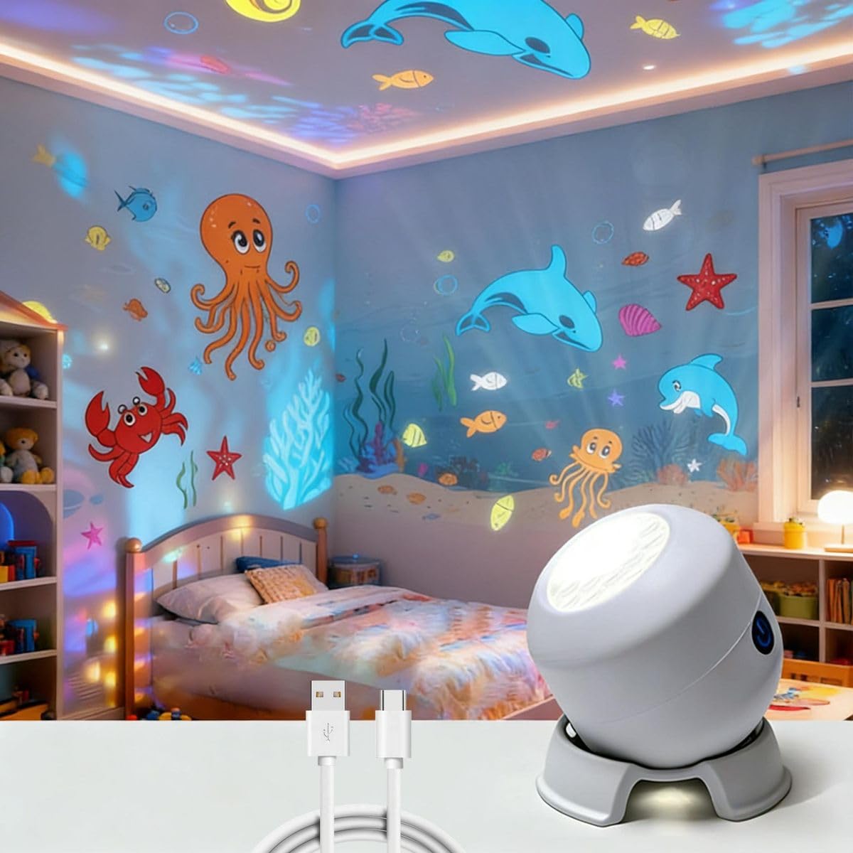 Dynamic Rotating LED Projector Light, Colorful Rotating Projection Light, Rechargeable Ocean Snowflake Night Light Projector, Adjustable Brightness Atmosphere Lamp for Kids Bedroom (Ocean)