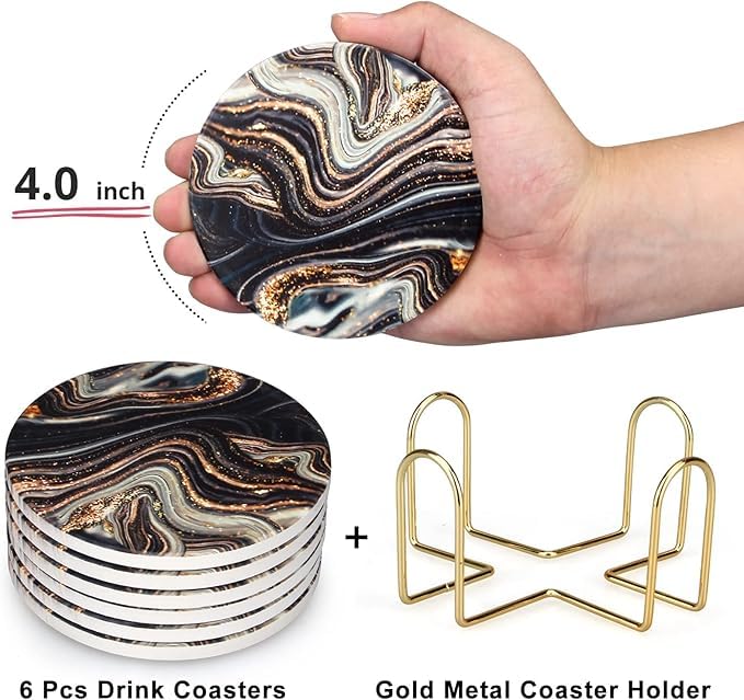 Image of 6 Pcs Black and Gold Wood Coasters with Holder Best Round Absorbent Coasters for Drinks, Coffee, Beer, Table Marble Personalized Coaster Sets