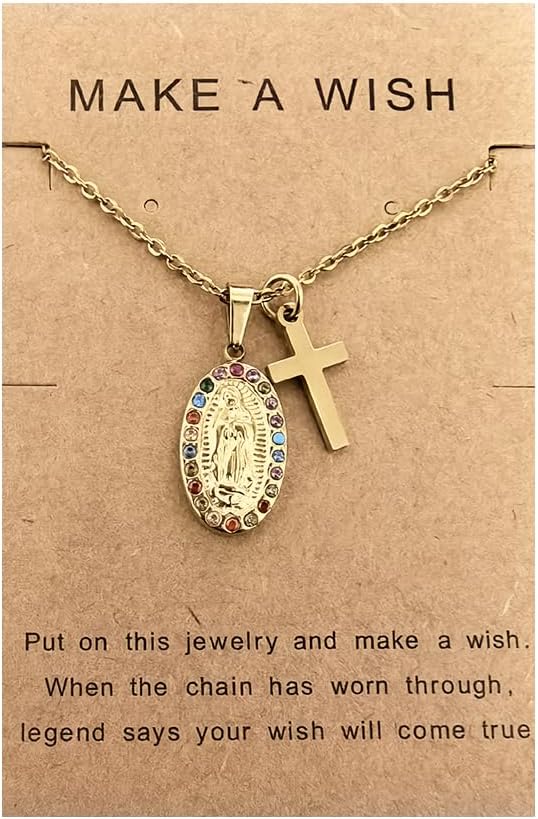 HewillCross Virgin Mary Necklace Stainless Steel Miraculous Medal Coin Necklace for Women Men Religious Christian Necklace Jewelry Christmas Gift