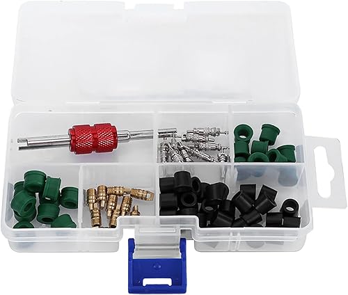 Kit de reparación de núcleo de válvula de aire acondicionado de 71 piezas con 10 núcleos de válvula, 50 juntas de manguera y 10 herramientas de