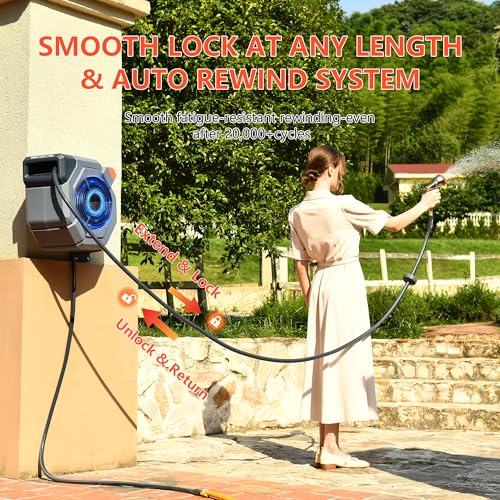 Image of Retractable Garden Hose Reel, 5 /8 in x 50 ft Heavy Duty Wall Mount Water Hose Reel with Reinforced Bracket & 9-Pattern Metal Nozzle, Any Length Lock, Slow Retraction and 180 Swivel