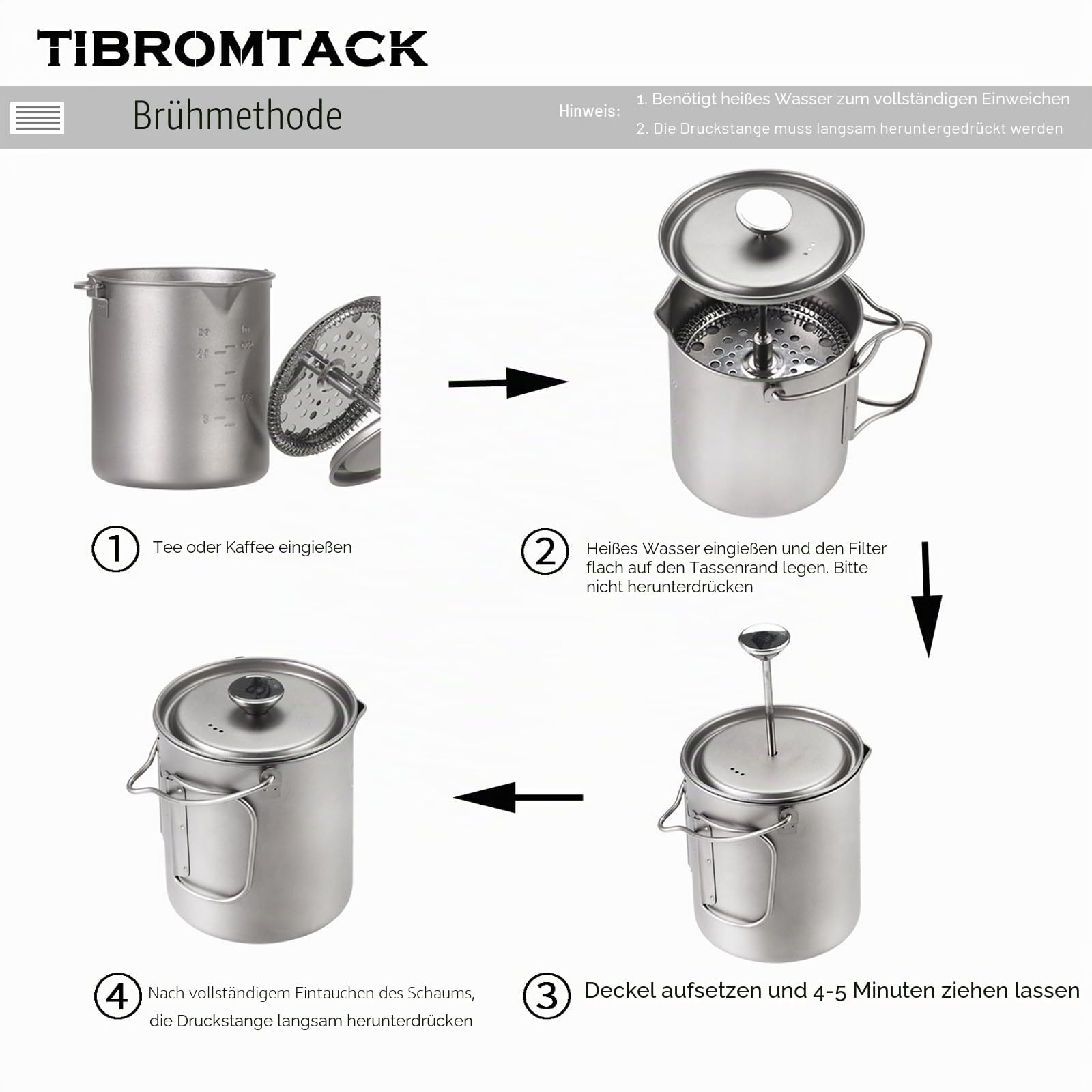 Titanium French Press Kaffeemaschine, 205 g, leicht, GR1 reines Titan, tragbare Camping-Reise-Kaffeepresse, wiederverwendbarer Filter für Outdoor, Tee und heiße Getränke, spülmaschinenfest