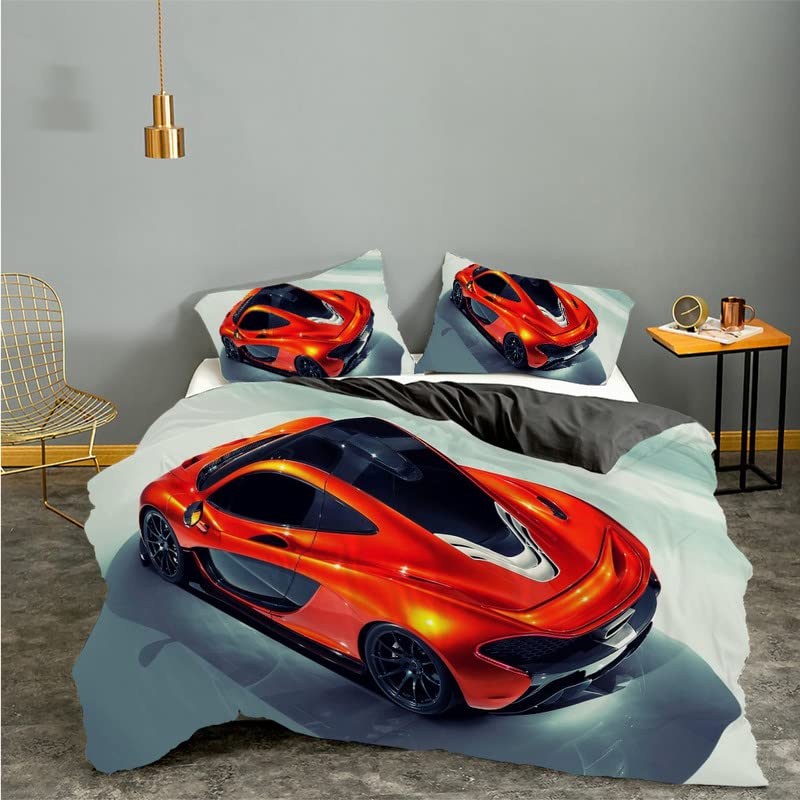 Parure Housse de Couette 110g/m² Microfibre Douce Voiture Orange Lit Ado Fermeture Éclair