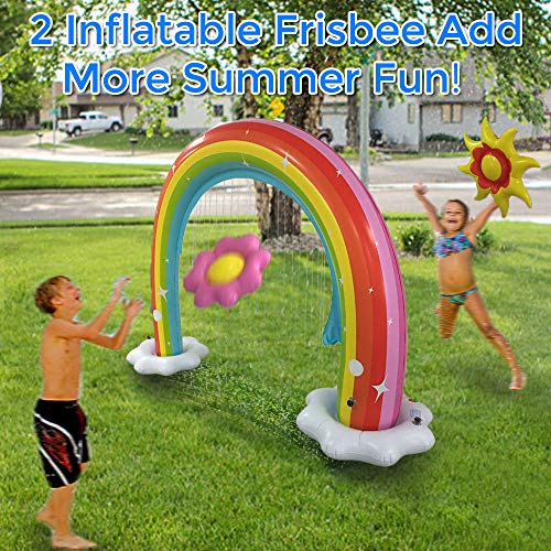 Rabosky Inflatable Rainbow Water Sprinkler, Large Outdoor Yard Water Toys for Toddlers and Kids, Unique Asymmetrical Design, 86" x 70", 2 Big Inflatable Frisbee Bring Kids More Summer Lawn Water Fun