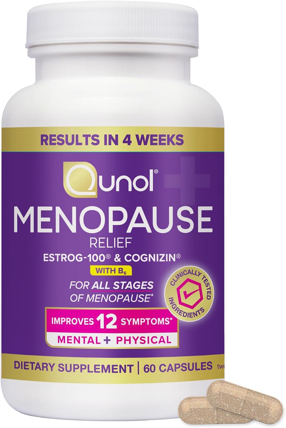 Qunol Menopause Relief + B6 Hormone & Estrogen Free Supplement, Menopause Support for Brain Fog, Hot Flashes, Night Sweats, Mood Swings, 60 Capsules