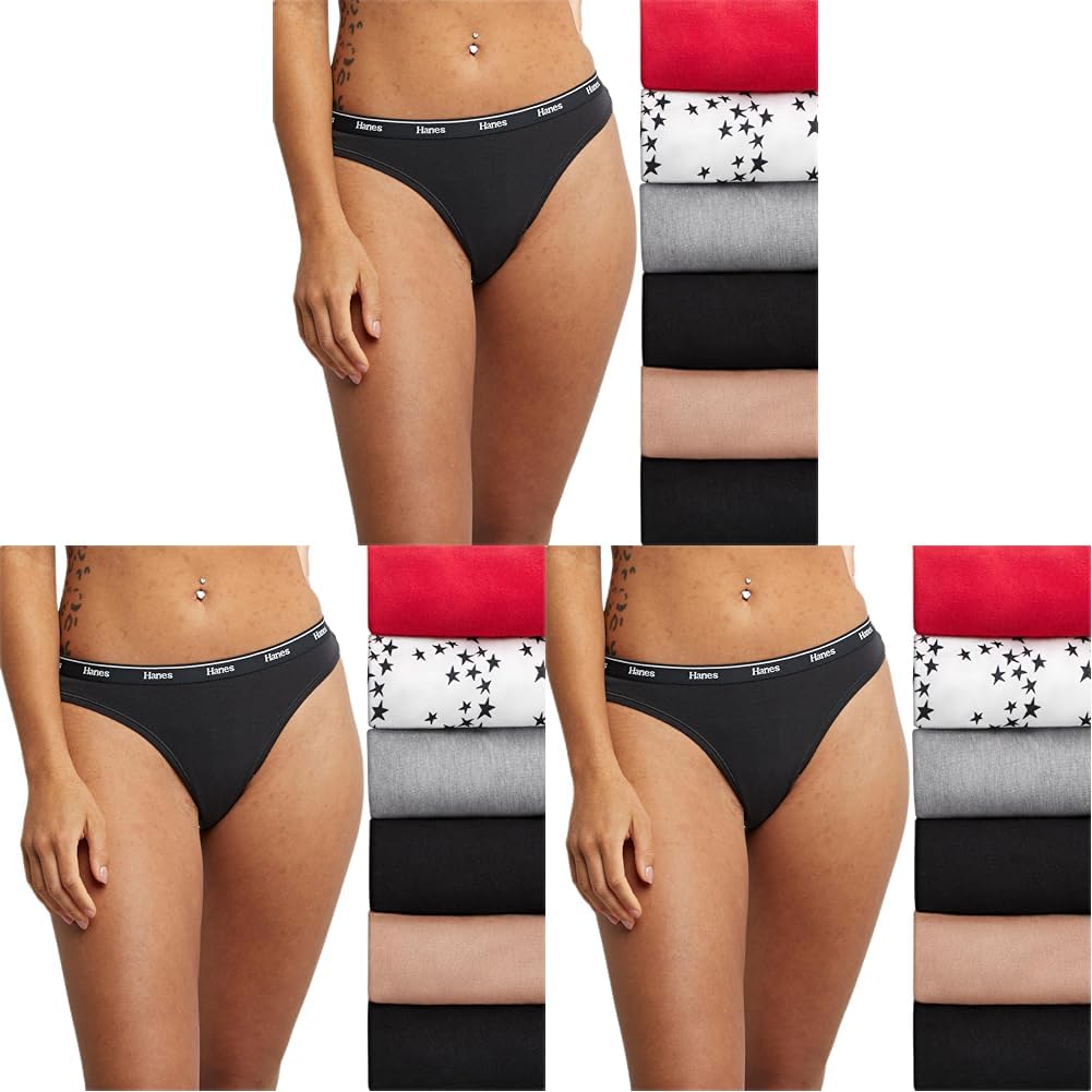 Hanes Women's Originals Thong Panties, Breathable Stretch Cotton Underwear, Assorted, 6-pack
