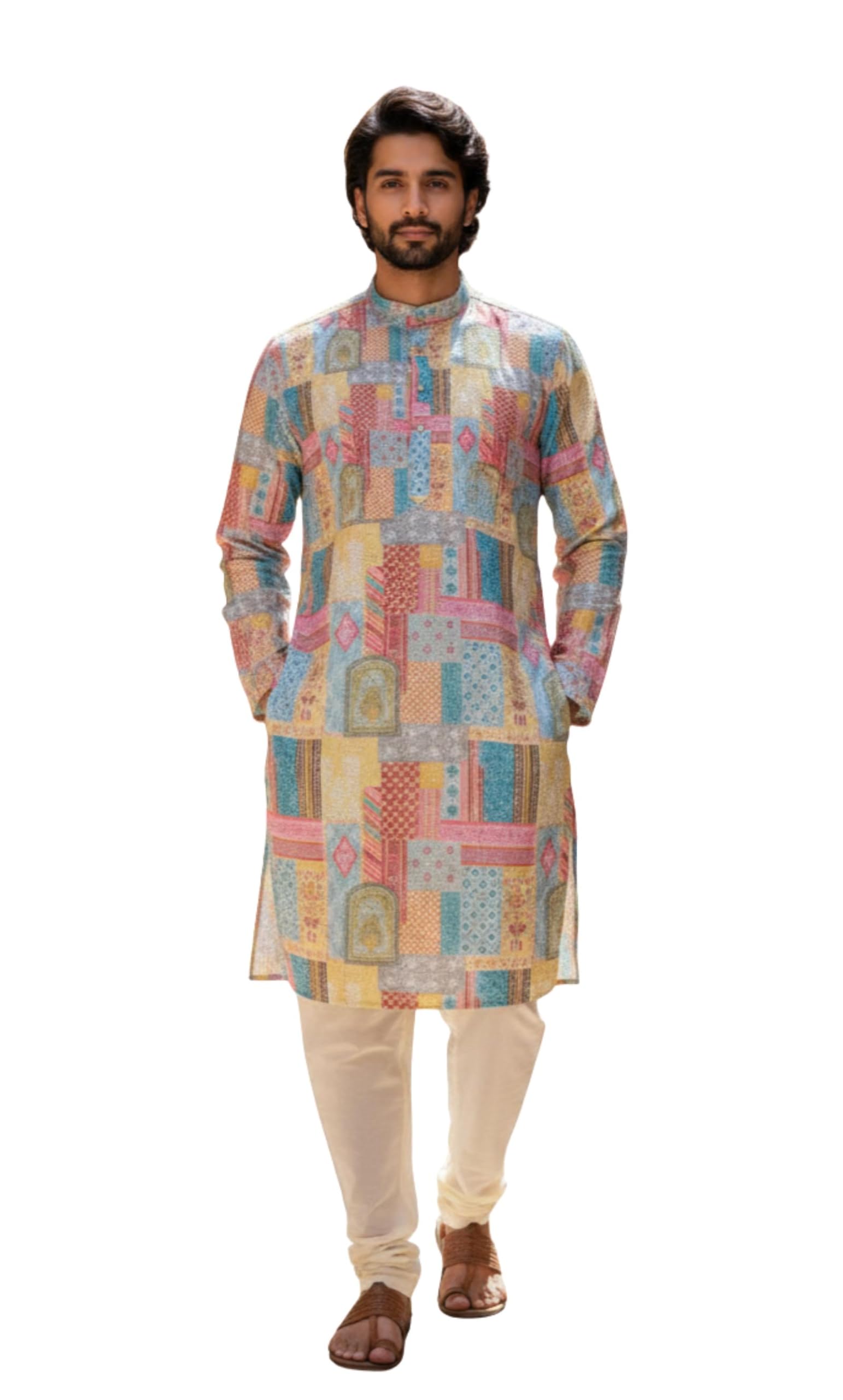 shree ravi tex Men’s Patchwork Printed Kurta Designer Ethnic Wear for Occasions Cotton Long Kurta with Artistic Traditional Print-picture-43