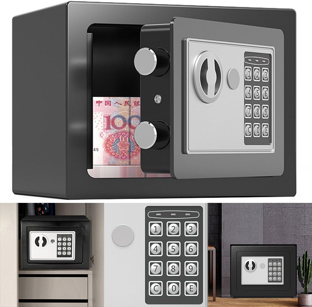 Electronic Digital Safe Box, Keypad & Key Lock Mini Safe, 8.97x 6.63x 6.63in Wall Safe for Home Office Hotel Jewelry Cash Gun Storage