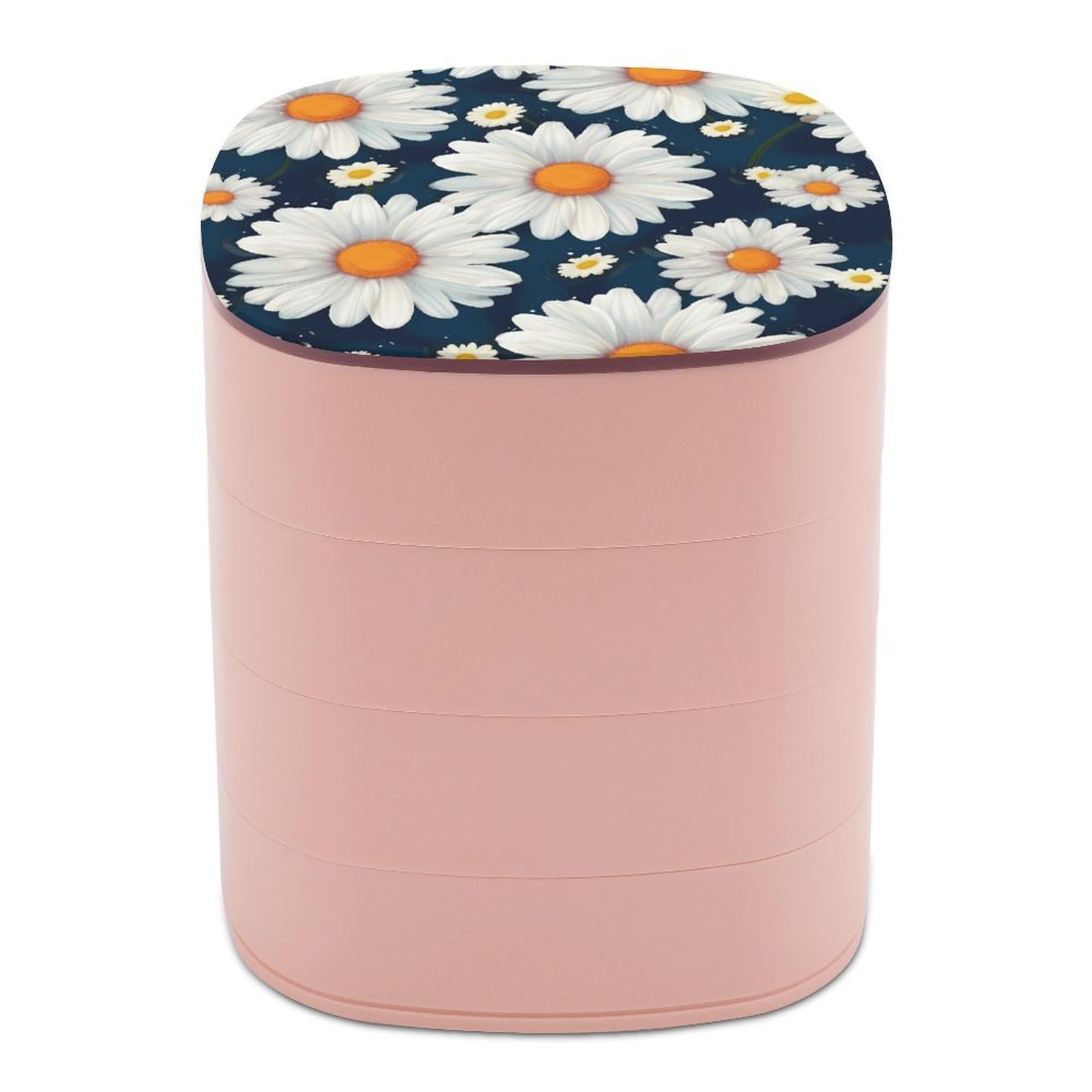 Btcowzrv Women's Style Daisy Pattern Jewelry Organizer With Mirror, 4-Layer Rotating Jewelry Box For Ring Earring Necklaces Bracelets Hair Accessories, Gift For