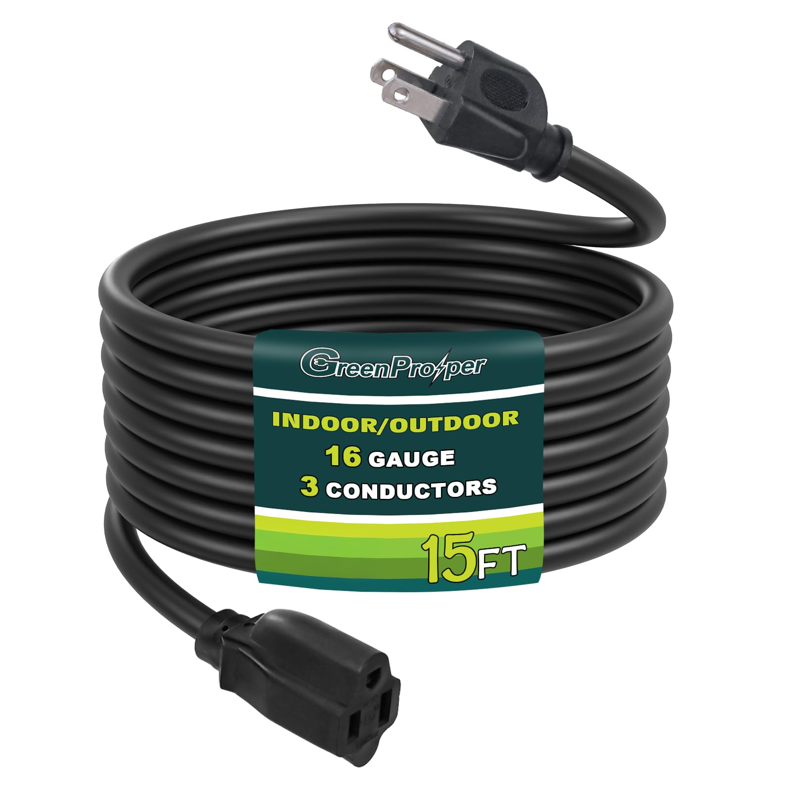 Cable de extensión negro de 15 pies para interiores y exteriores, cable eléctrico impermeable de calibre 16 con enchufe a tierra de 3 puntas, cable eléctrico SJTW de 13 A, 1625 W, 16/3