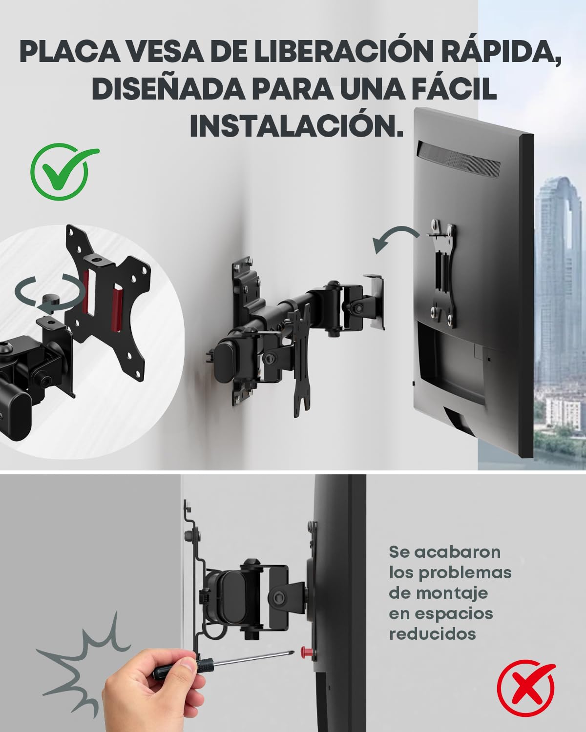 Soporte de Pared Doble para Pantallas 13-27 Pulgadas, Sencillo a Doble | Espacio de pared ultradelgado, montaje horizontal, alineación precisa, gestión de cables, 10 kg por brazo, VESA 75/100, Negro