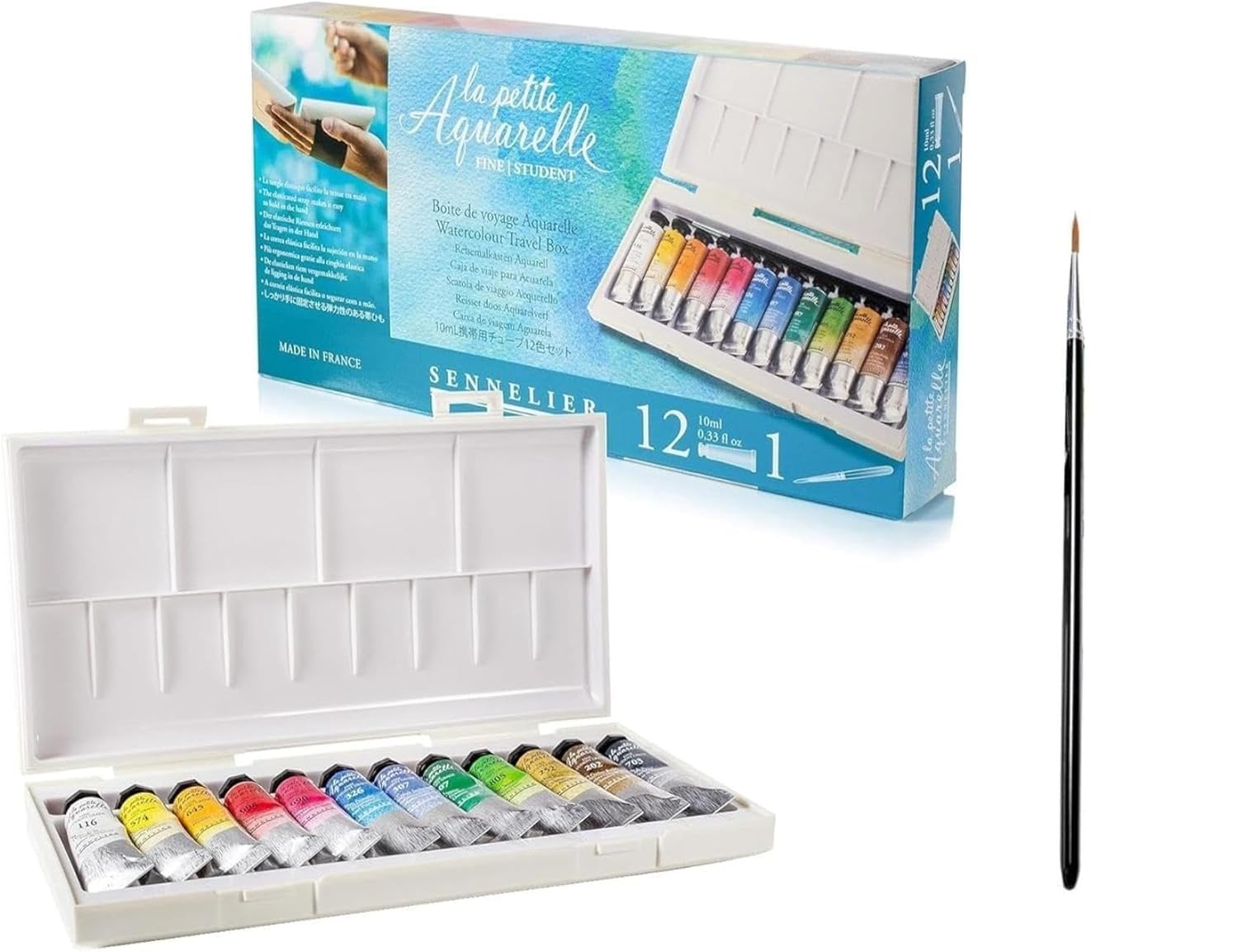 Sennelier Boîte de Peinture Aquarelle en Plastique, 12 Couleur x 10ml avec Pinceau et estompe,Made in France
