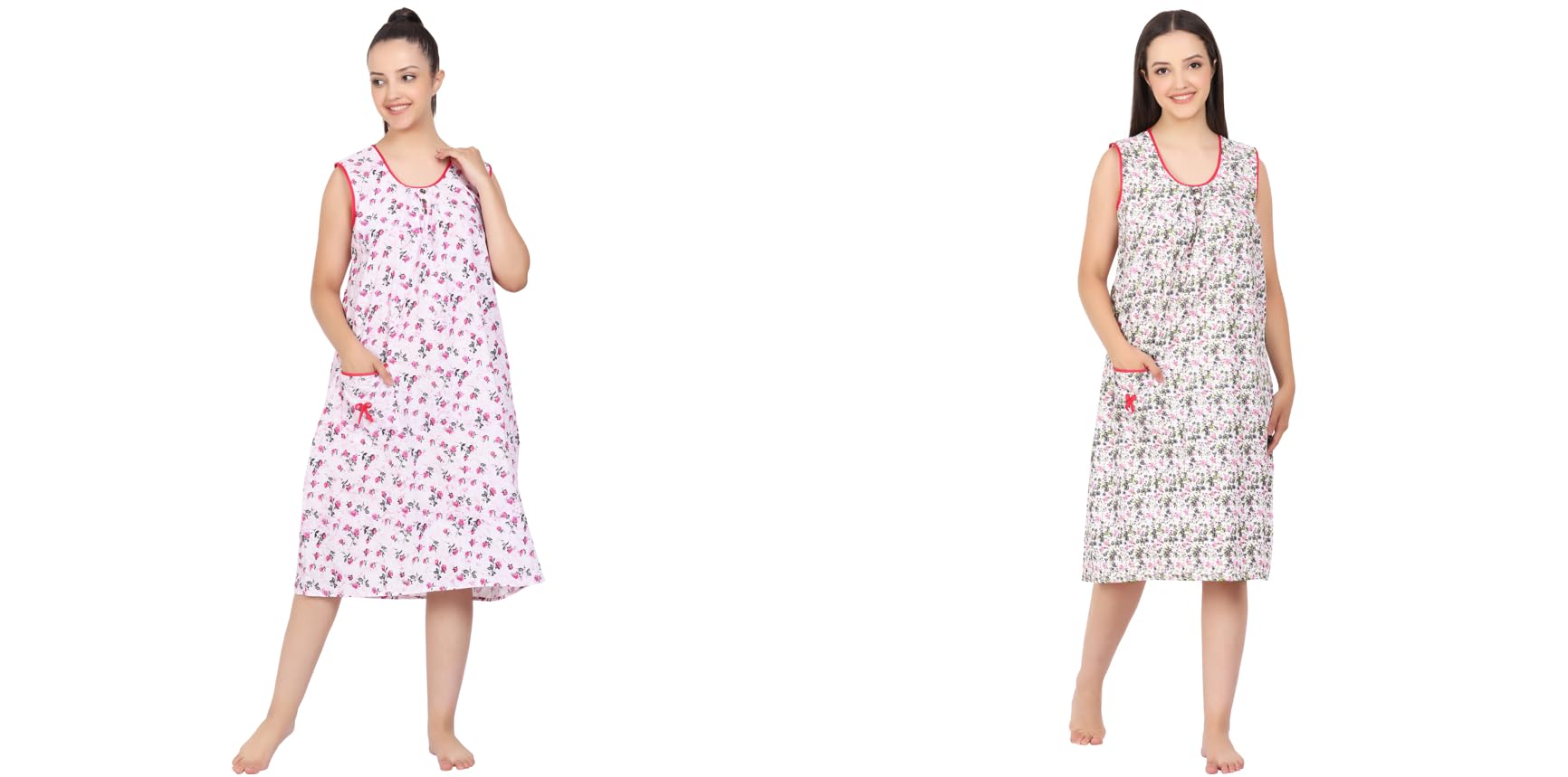 Woman's Pure Cotton Nightdress Calf Length Sleeveless Combo Nighty Nightgown Multicolour-image-35
