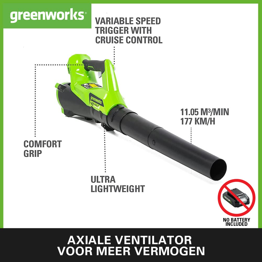 Greenworks 40 V accublazer, axiale accu-bladblazer 177 km/u luchtsnelheid, luchthoeveelheid 11,05 m³/min, traploze snelheid (met 4 Ah accu en oplader