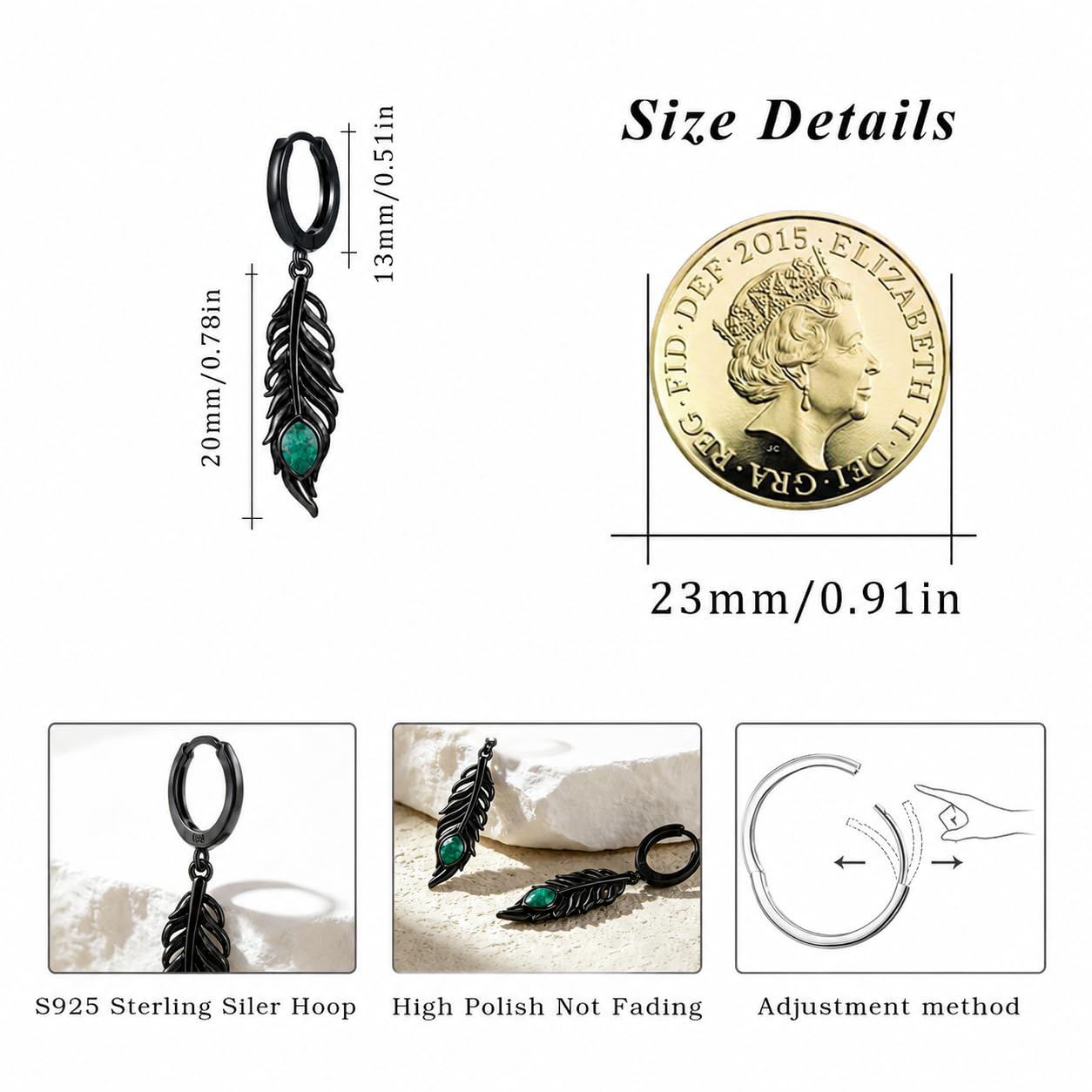 REDSUN Orecchini a cerchio in argento Sterling S925 con piuma nera con malachite, orecchini pendenti in stile bohémien, per uomo e donna