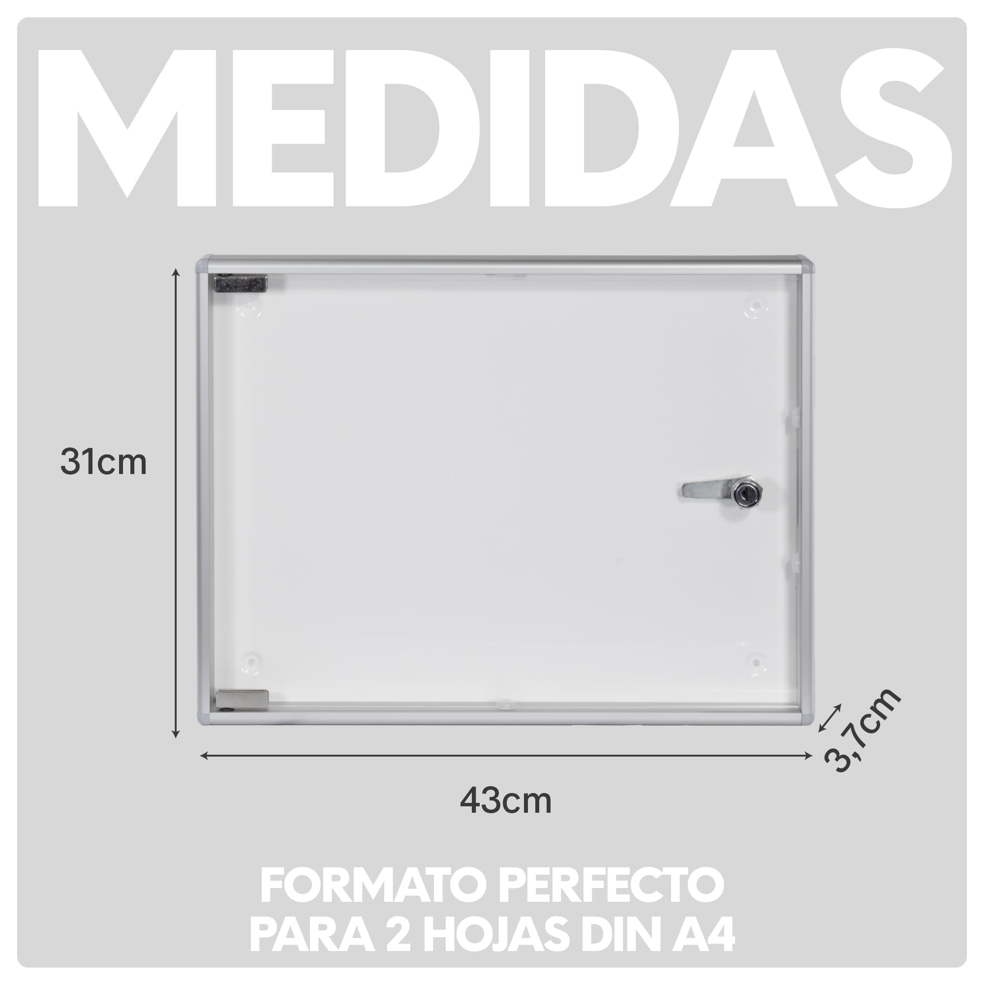 Tablon de Anuncios con Llave 46x35cm | Tablón Anuncios Exterior o Interior | Aluminio y Policarbonato Resistente | Fondo Metálico Apta para Imánes | Fácil Montaje