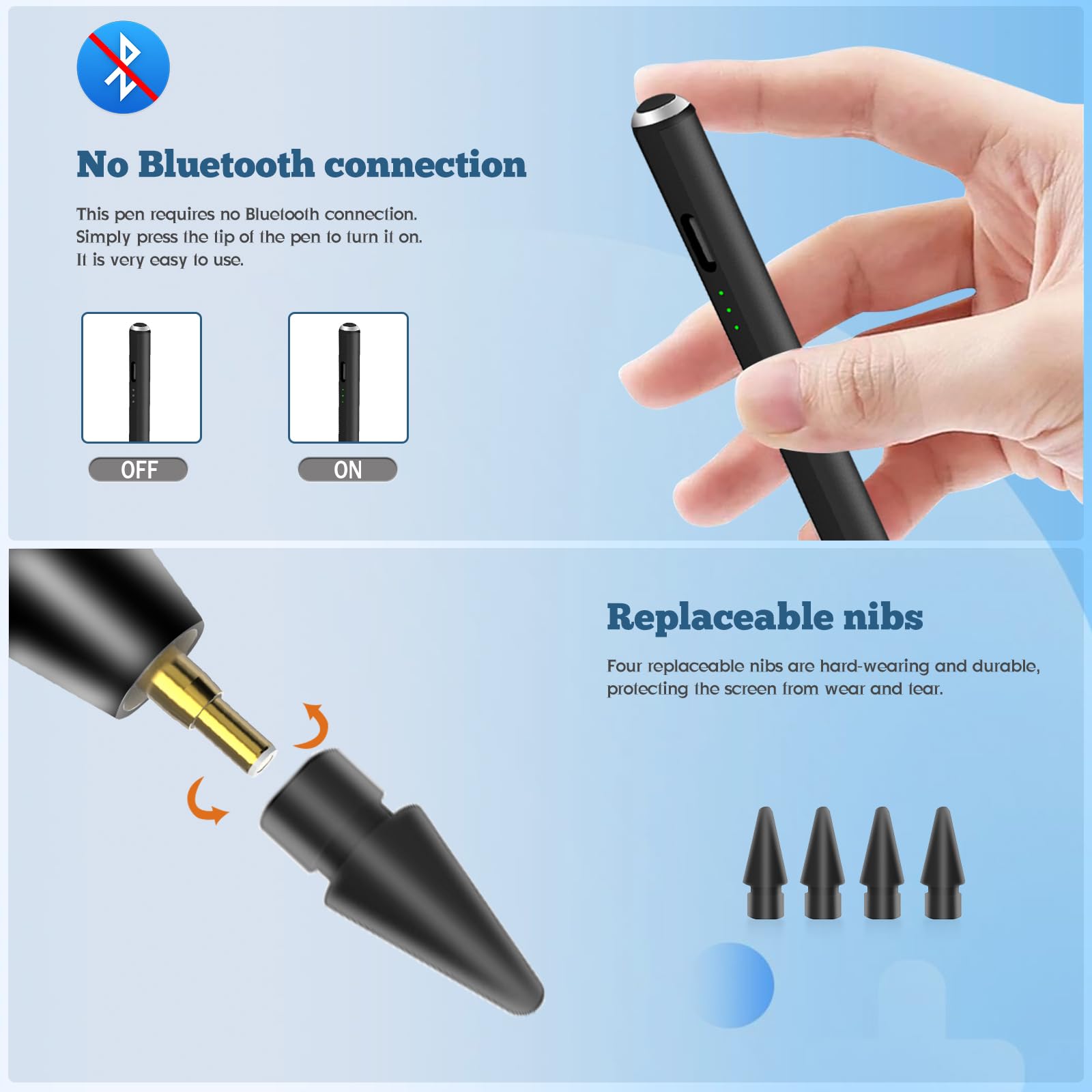 Penna per Apple iPad (2018-2024),Stylus Pencil con Sensibile all'inclinazione & Rigetto del Palmo,4 punte di sostituzione，Compatibile con iPad 10/9/8/7/6, iPad Pro 12.9/11/Air 5/4/3/Mini 6/5