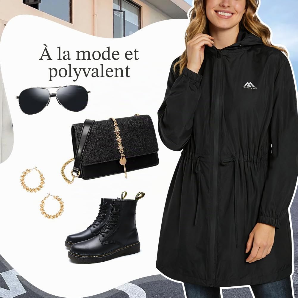 flintronic Veste Imperméable pour Femmes, Veste de Pluie Légère à Capuche, pour Sport Running Rain Saison Randonnée, Noir