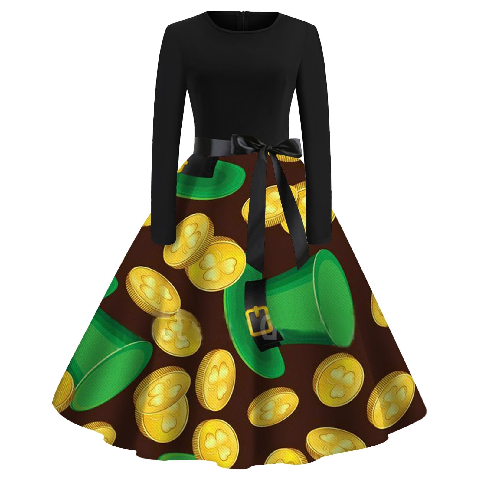 St. Patrick's Day Skirt for Women Cute Print Skirt Round Neck Long Sleeve Graphic Tunic Ladies Casual Vintage Swing Party Dress Dress for Women