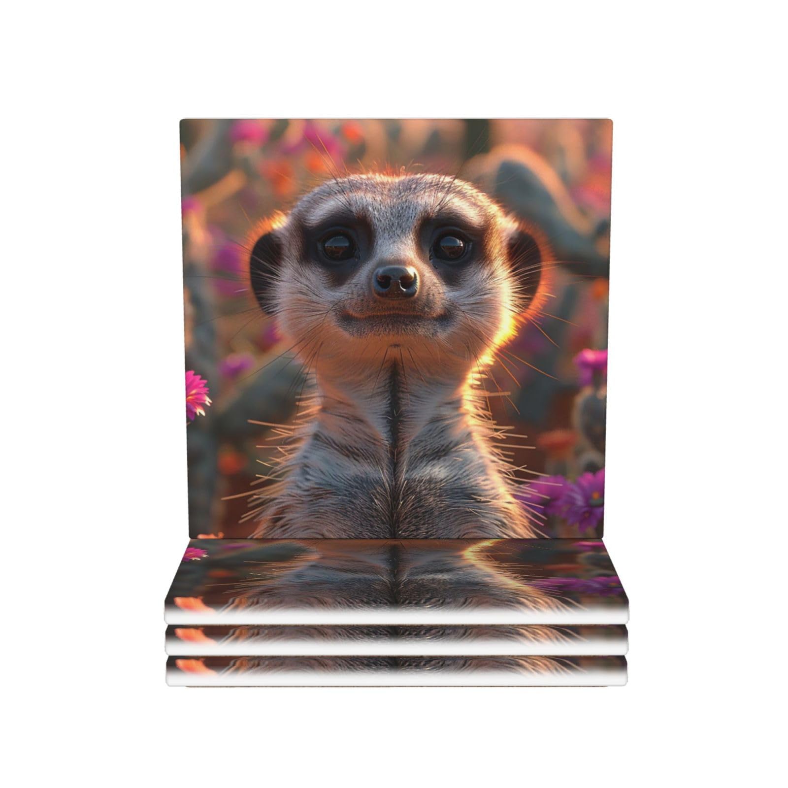 Drink Coasters Set of 4 Ceramic Coaster Meerkats Coasters for Drinks Cups Mugs Mat Pads Absorbent Non-Slip Decorative Cup Coaster for Coffee Table Kitchen Bar Home Decor