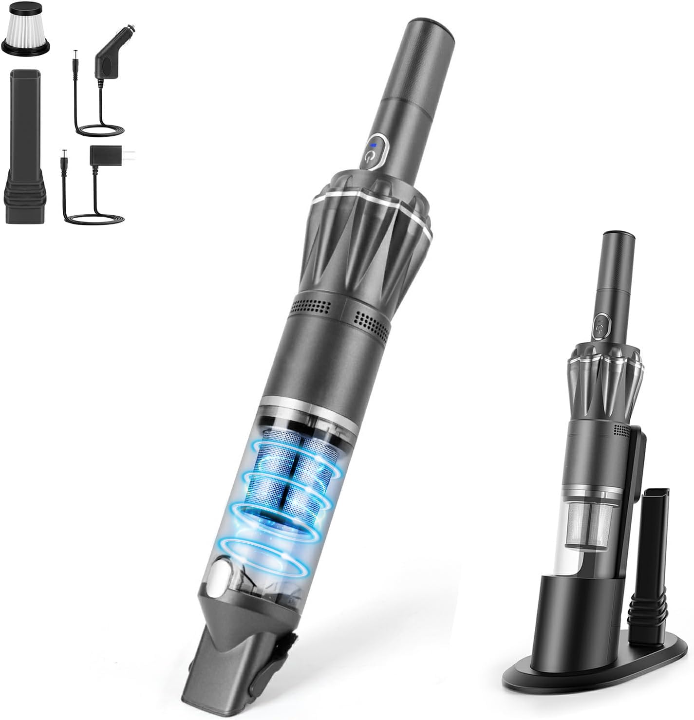Aspirapolvere portatile senza fili, super leggero 0,5 kg con potente aspirazione, dock di ricarica, caricabatterie da auto, tappo antipolvere vuoto e rimovibile a tocco singolo, mini