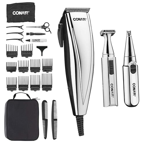 Conair MAN - Cortadora de pelo cromado 3 en 1 de 25 piezas incluye recortadora de detalles funciona con pilas y recortadora de pelo para orejas y