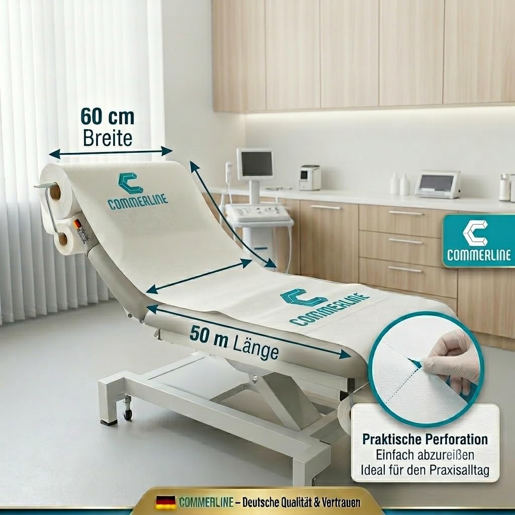 Commerline Arztrollen | 3 Rollen | 60 cm x 50 m 2-lagig | Einweg Ärztekrepp Liegenabdeckung | Ärzterolle Weiße Liegenabdeckungen | Hygienisch | Ideal für Praxis, Massage, Kosmetikliege & Spa