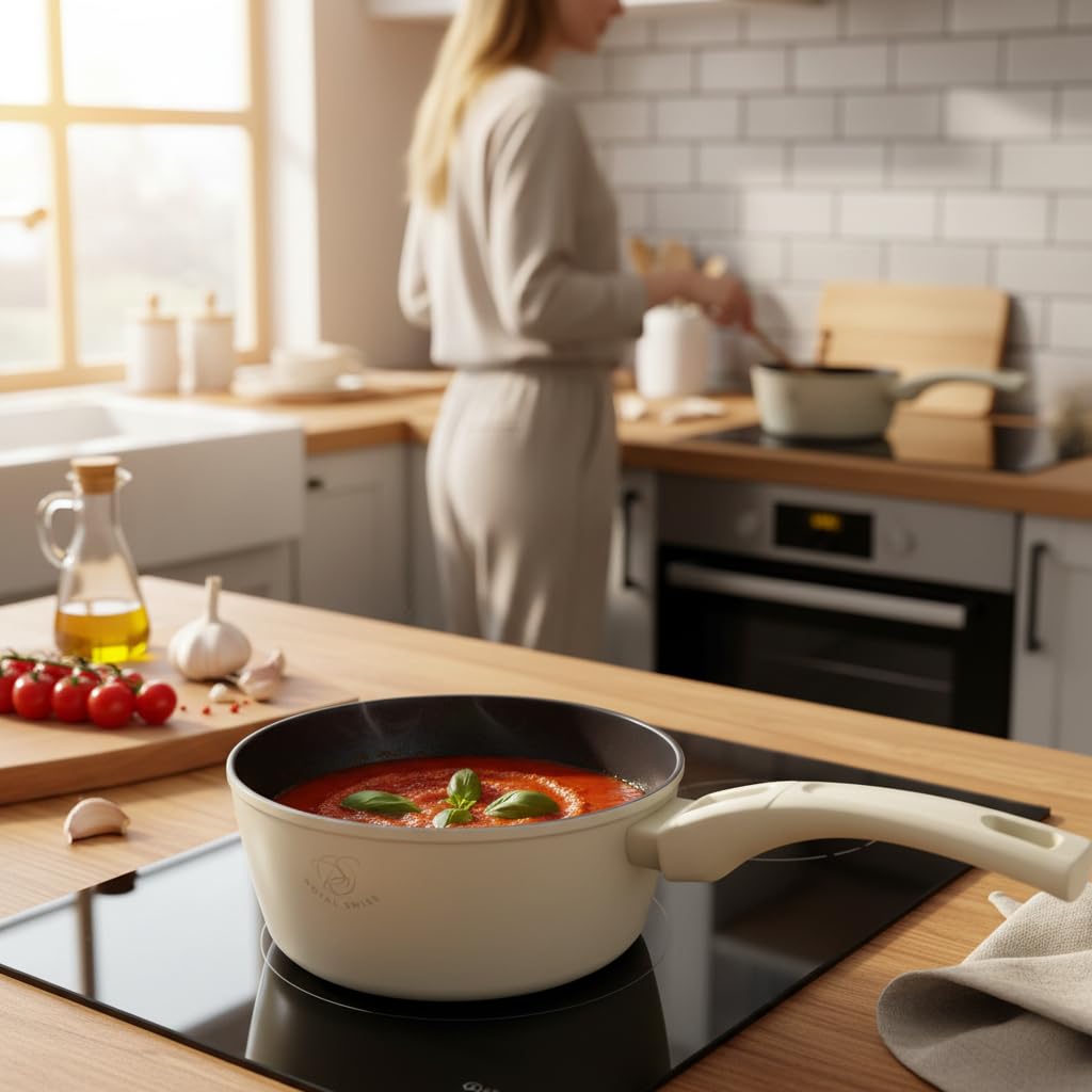Royal Swiss® 5-teiliges Töpfe-Set mit abnehmbarem Griff | Kochtöpfe 14/16/18/20 cm + Universal-Glasdeckel | Induktionsgeeignet, Platzsparendes Kochset für alle Herdarten (Beige, normal)