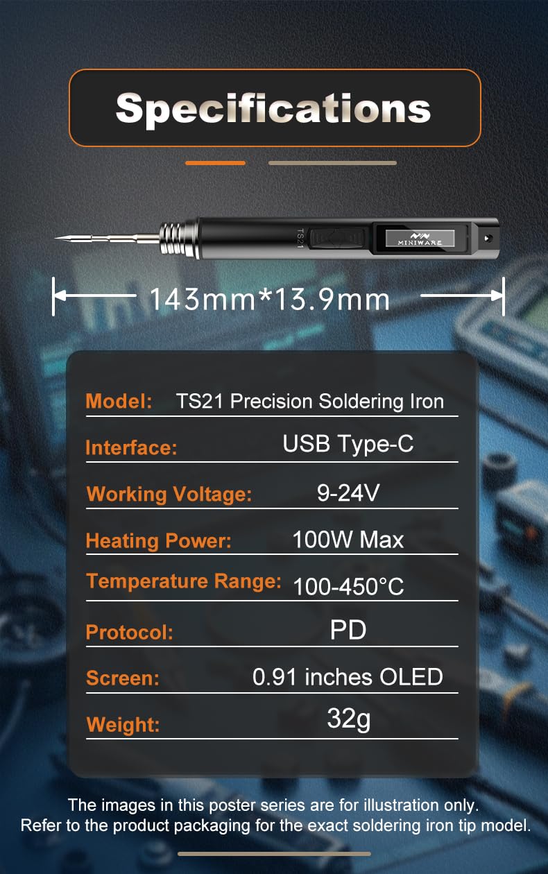 TOOLSAGE Kit de soldador TS21, iluminación frontal, soldadura de fusión en 3 segundos, calentamiento rápido, pistola de soldadura DC9-24V Max 100W con temperatura ajustable de 100-450 ℃, compatible