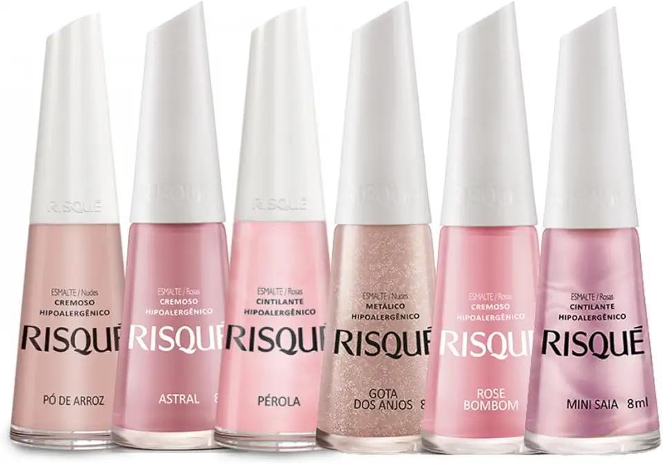 Kit 6 Esmaltes Rosados Nude,Risque Hipoalergênico,Cores Tendências, Pó de Arroz, Astral, Pérola, Gota dos Anjos, Rose Bombom, Mini Saia 8ml