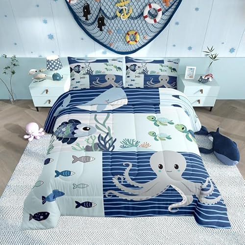Castle Fairy Cute Octopus Full Size Comforter Set Navy and Blue Bedding Set for Kids Adults Teens Underwater World Comforter Luxury Whale and Turtle Quilt Set Room Decor 3Pcs